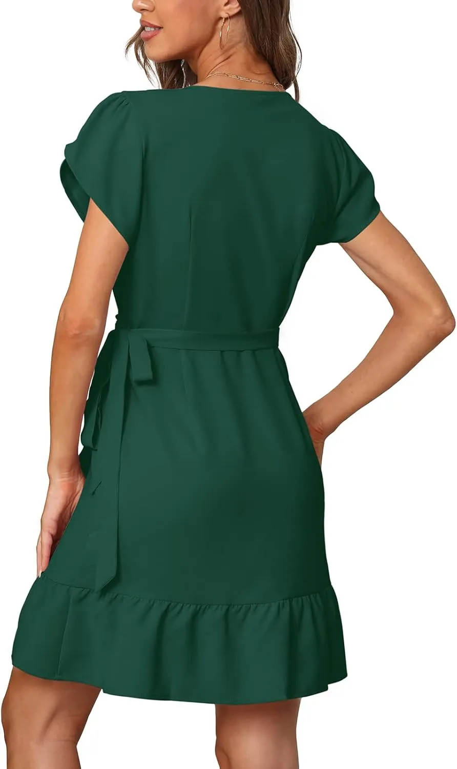 SAMPEEL Summer V Neck Wrap Petal Sleeve Short Dress with Belt for Women