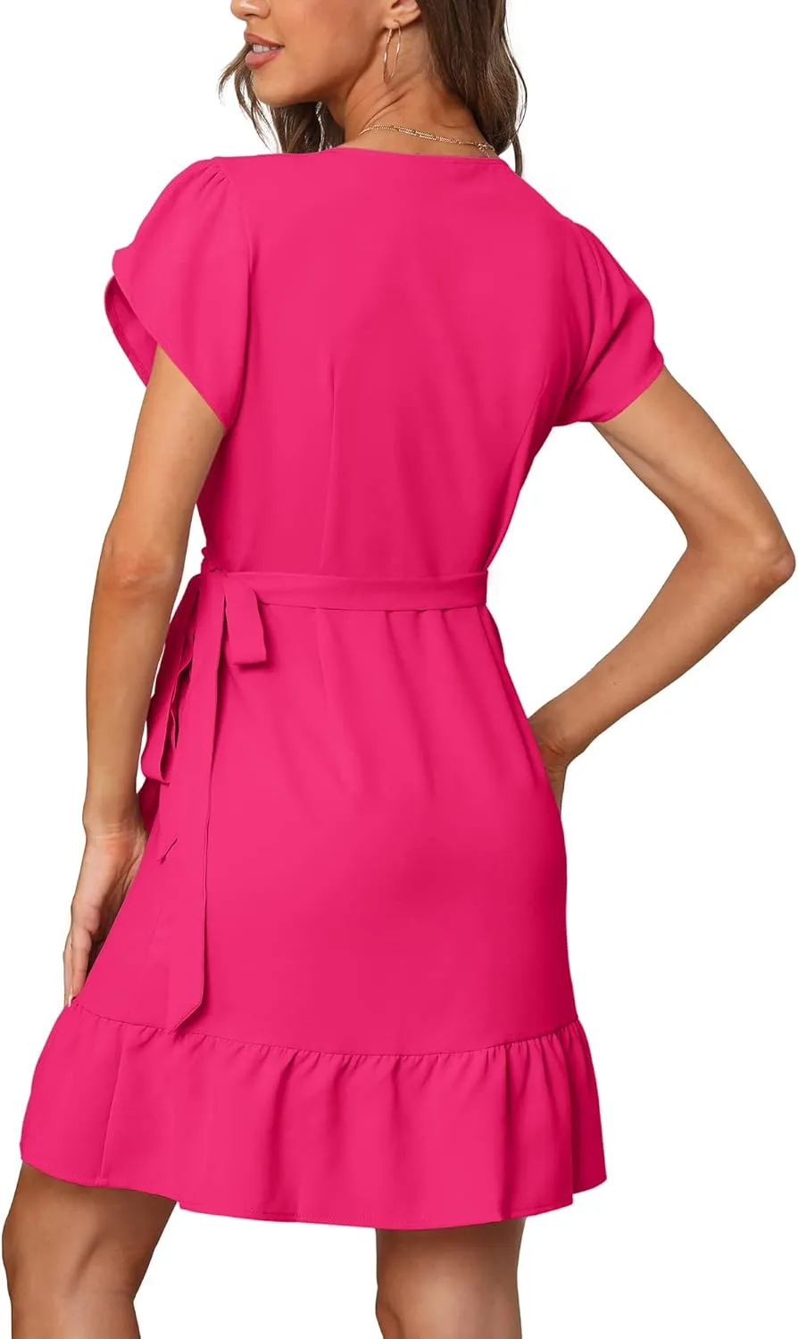 SAMPEEL Summer V Neck Wrap Petal Sleeve Short Dress with Belt for Women