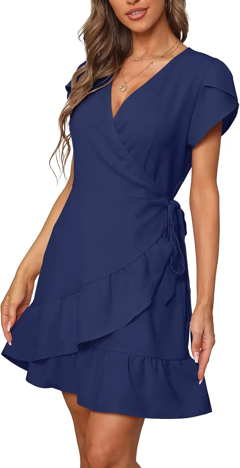 SAMPEEL Summer V Neck Wrap Petal Sleeve Short Dress with Belt for Women