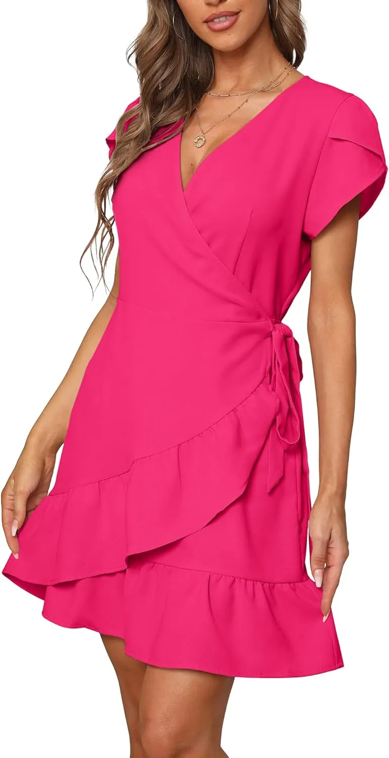 SAMPEEL Summer V Neck Wrap Petal Sleeve Short Dress with Belt for Women