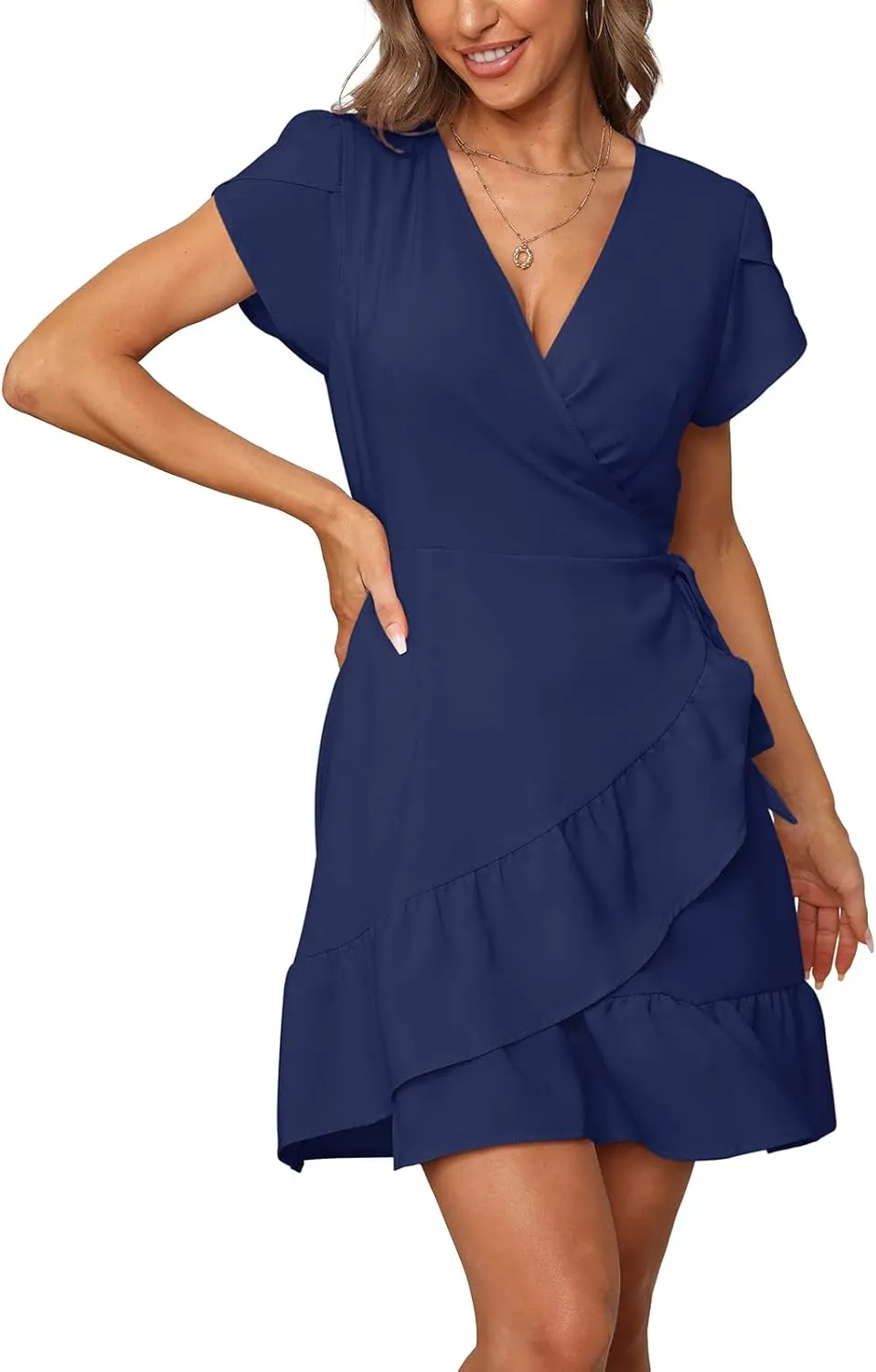 SAMPEEL Summer V Neck Wrap Petal Sleeve Short Dress with Belt for Women