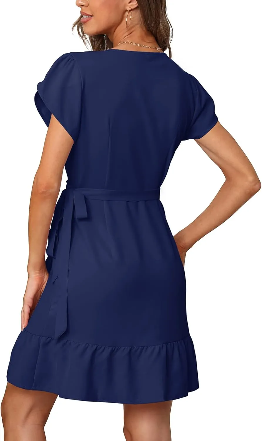 SAMPEEL Summer V Neck Wrap Petal Sleeve Short Dress with Belt for Women