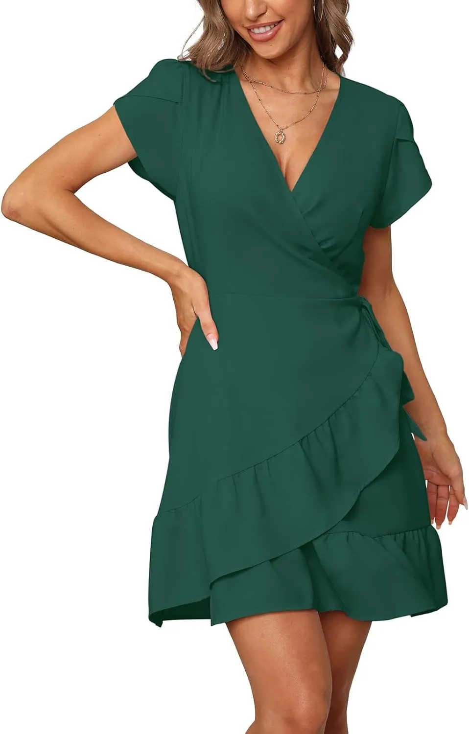 SAMPEEL Summer V Neck Wrap Petal Sleeve Short Dress with Belt for Women