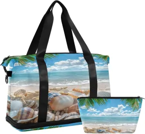 Sandy Beach Shell Gym Bag - Weekender Overnight Bags for Women Men, Sport Travel Duffel Bag with Wet Pocket & Shoe Compartment