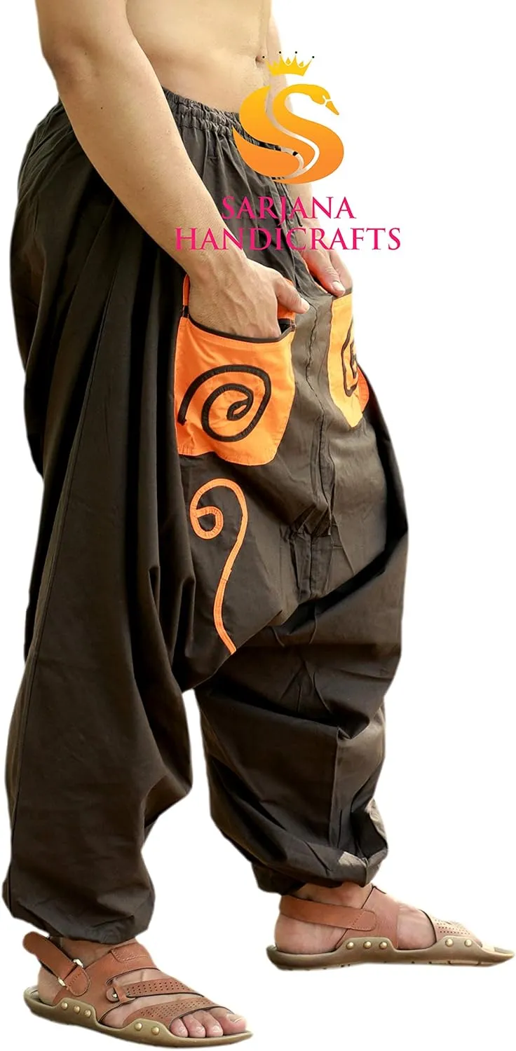 SARJANA HANDICRAFTS Men's Cotton Pockets Harem Yoga Baggy Genie Hippie Pants