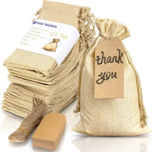 SCALAR SOLUTIONS 50 PCS Burlap Gift Bags - EASY TIE KNOT, WON’T BREAK OR TEAR, Large 5” x 8.5” Hessian Jute Linen Fabric Muslin Bags with Drawstring