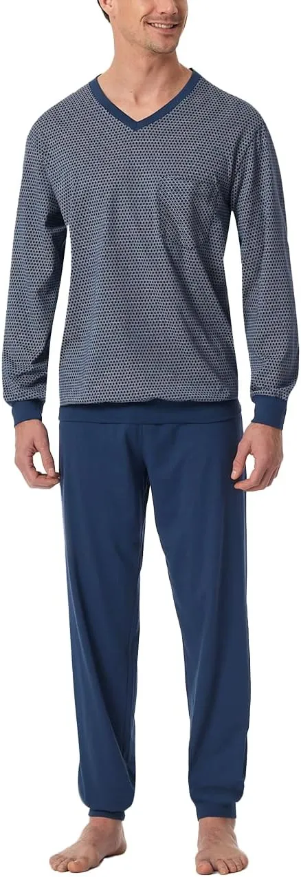 Schlafanzug Lang mit Bündchen-Nightwear Set Pijama Set, Blue_182194, 52 Men, Blue_182194, 36