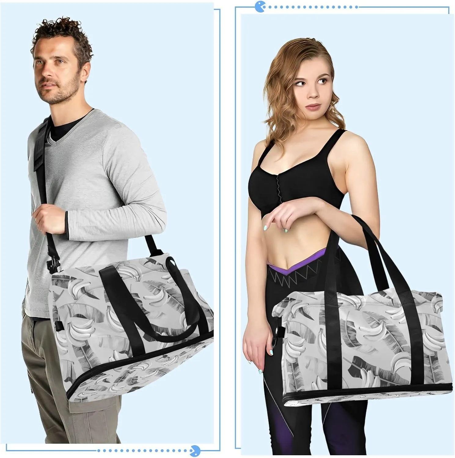 Seamless Black Grey Banana Leaves and Bananas on Grey Gym Duffel Bag, Polyester Travel Weekender Luggage Handbag with Waterproof Pocket for Wet Items, Unisex Foldable Tote for Sports