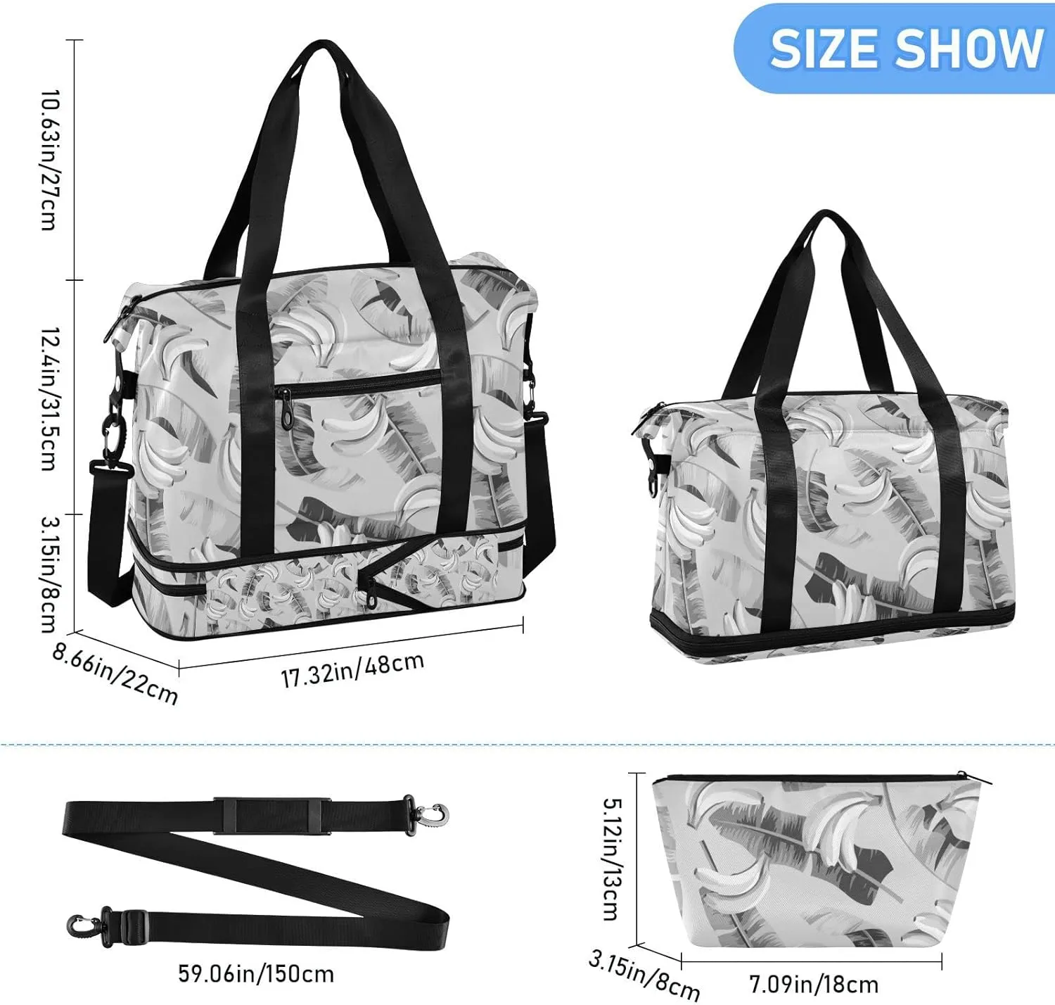 Seamless Black Grey Banana Leaves and Bananas on Grey Gym Duffel Bag, Polyester Travel Weekender Luggage Handbag with Waterproof Pocket for Wet Items, Unisex Foldable Tote for Sports