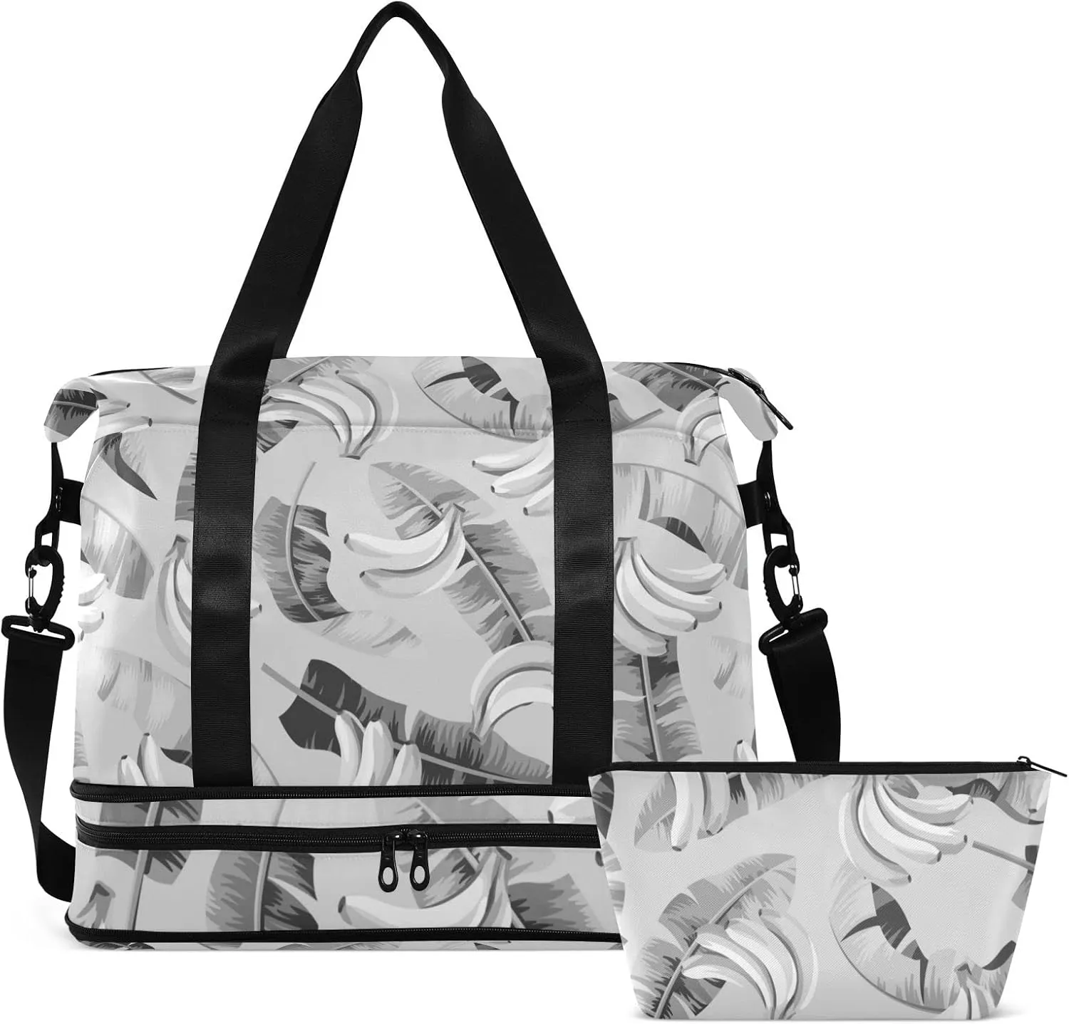 Seamless Black Grey Banana Leaves and Bananas on Grey Gym Duffel Bag, Polyester Travel Weekender Luggage Handbag with Waterproof Pocket for Wet Items, Unisex Foldable Tote for Sports
