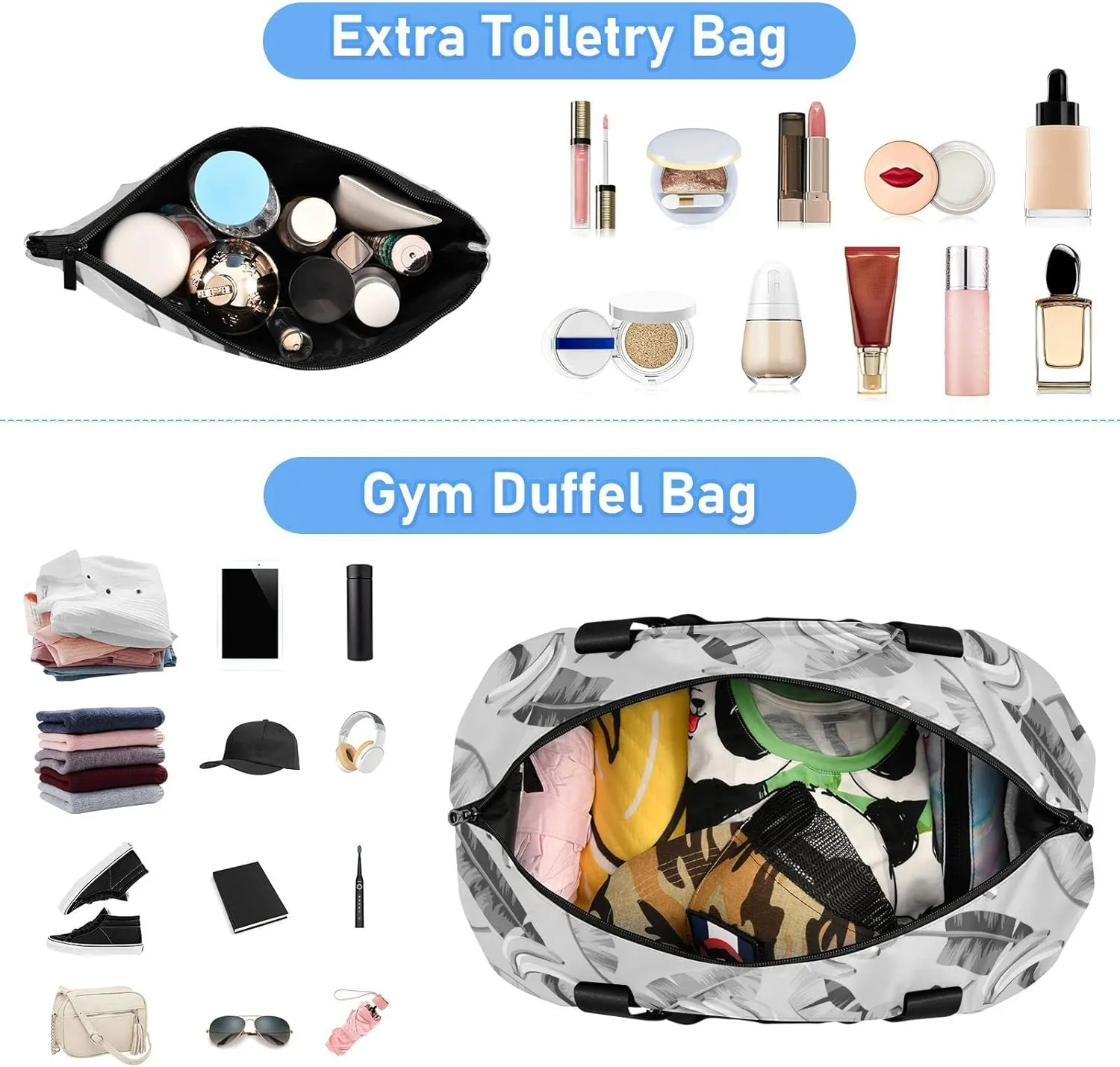 Seamless Black Grey Banana Leaves and Bananas on Grey Gym Duffel Bag, Polyester Travel Weekender Luggage Handbag with Waterproof Pocket for Wet Items, Unisex Foldable Tote for Sports