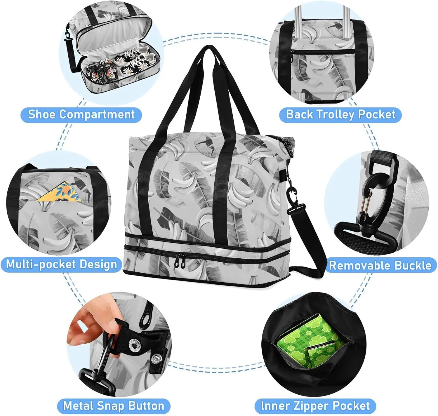 Seamless Black Grey Banana Leaves and Bananas on Grey Gym Duffel Bag, Polyester Travel Weekender Luggage Handbag with Waterproof Pocket for Wet Items, Unisex Foldable Tote for Sports