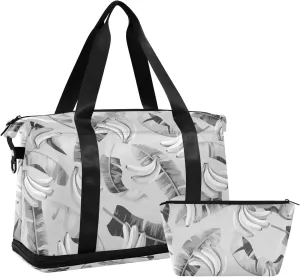 Seamless Black Grey Banana Leaves and Bananas on Grey Gym Duffel Bag, Polyester Travel Weekender Luggage Handbag with Waterproof Pocket for Wet Items, Unisex Foldable Tote for Sports