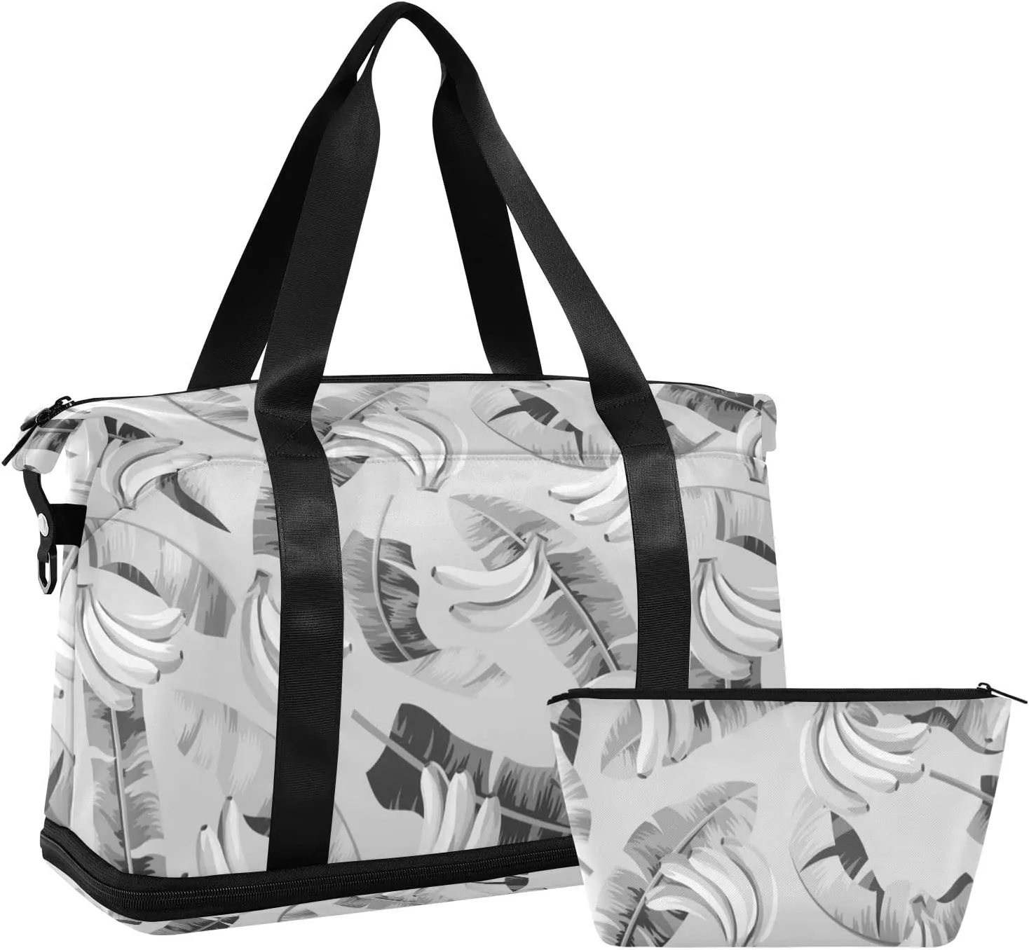 Seamless Black Grey Banana Leaves and Bananas on Grey Gym Duffel Bag, Polyester Travel Weekender Luggage Handbag with Waterproof Pocket for Wet Items, Unisex Foldable Tote for Sports
