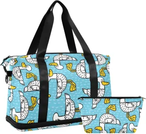 Seamless Cartoon Black Dots Ducks with Yellow Mouth Feet Gym Duffel Bag, Polyester Travel Weekender Luggage Handbag with Waterproof Pocket for Wet Items, Unisex Foldable Tote for Sports