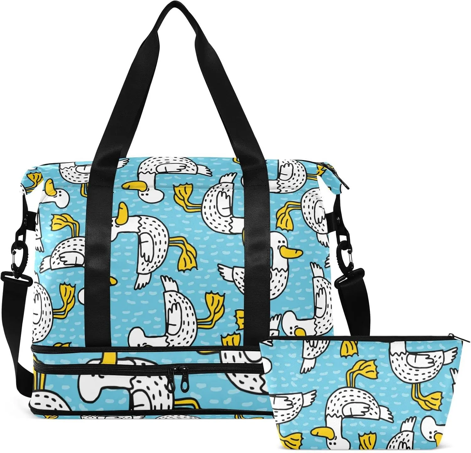 Seamless Cartoon Black Dots Ducks with Yellow Mouth Feet Gym Duffel Bag, Polyester Travel Weekender Luggage Handbag with Waterproof Pocket for Wet Items, Unisex Foldable Tote for Sports