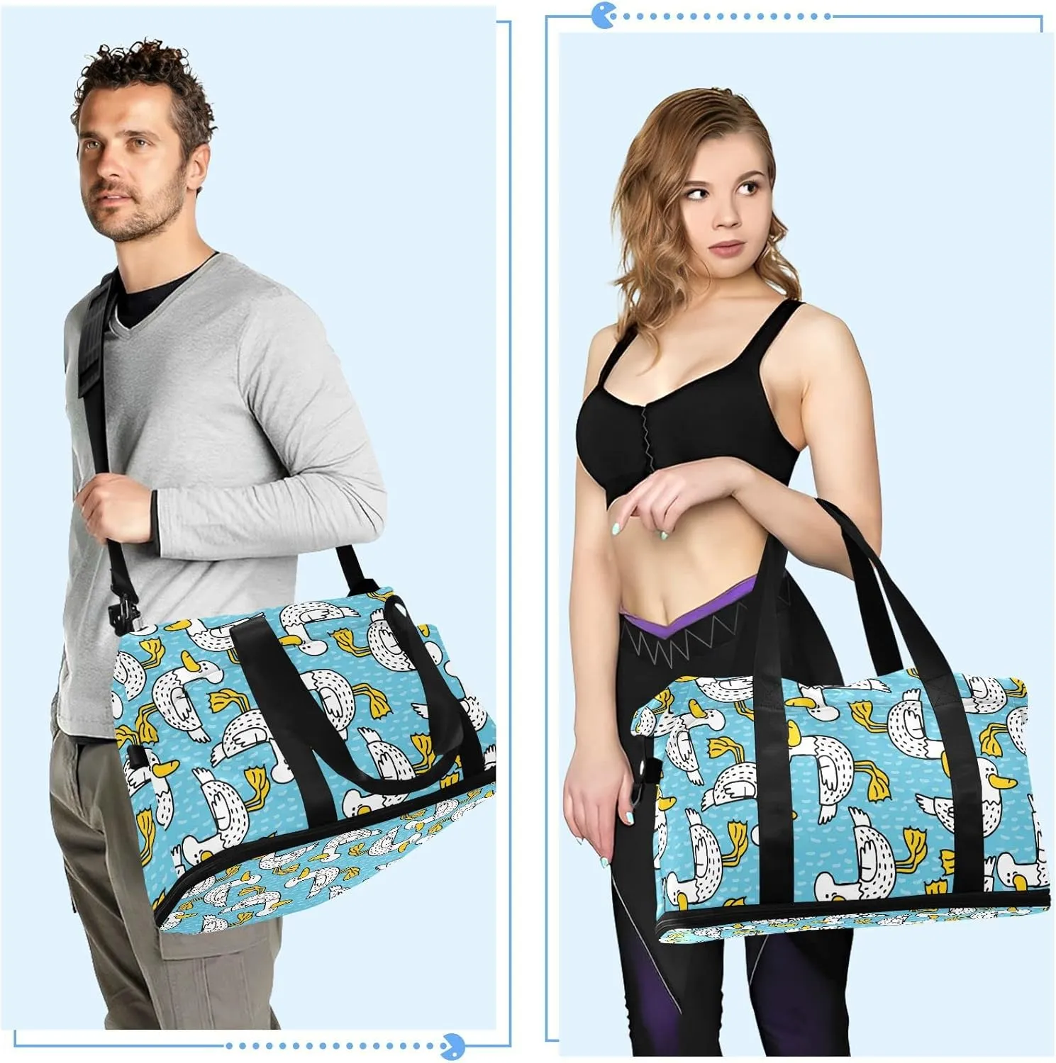 Seamless Cartoon Black Dots Ducks with Yellow Mouth Feet Gym Duffel Bag, Polyester Travel Weekender Luggage Handbag with Waterproof Pocket for Wet Items, Unisex Foldable Tote for Sports