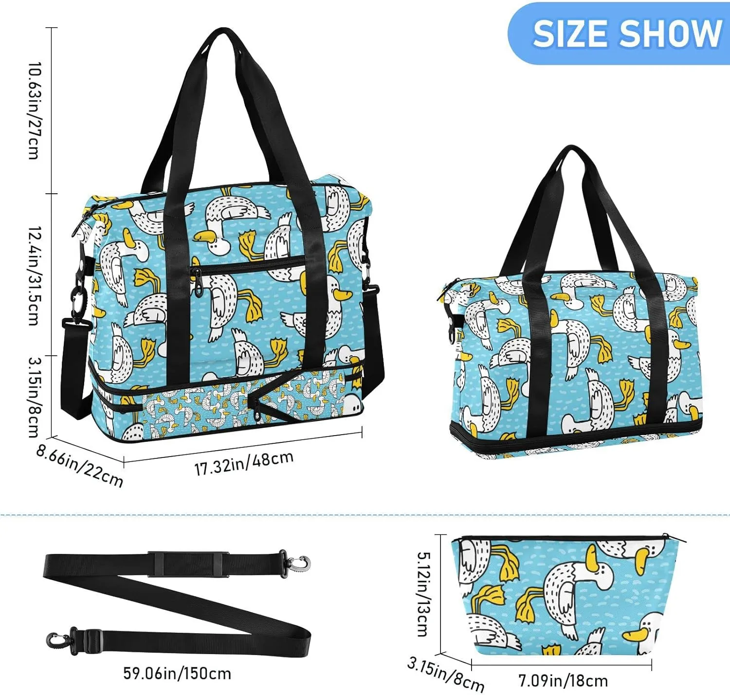 Seamless Cartoon Black Dots Ducks with Yellow Mouth Feet Gym Duffel Bag, Polyester Travel Weekender Luggage Handbag with Waterproof Pocket for Wet Items, Unisex Foldable Tote for Sports