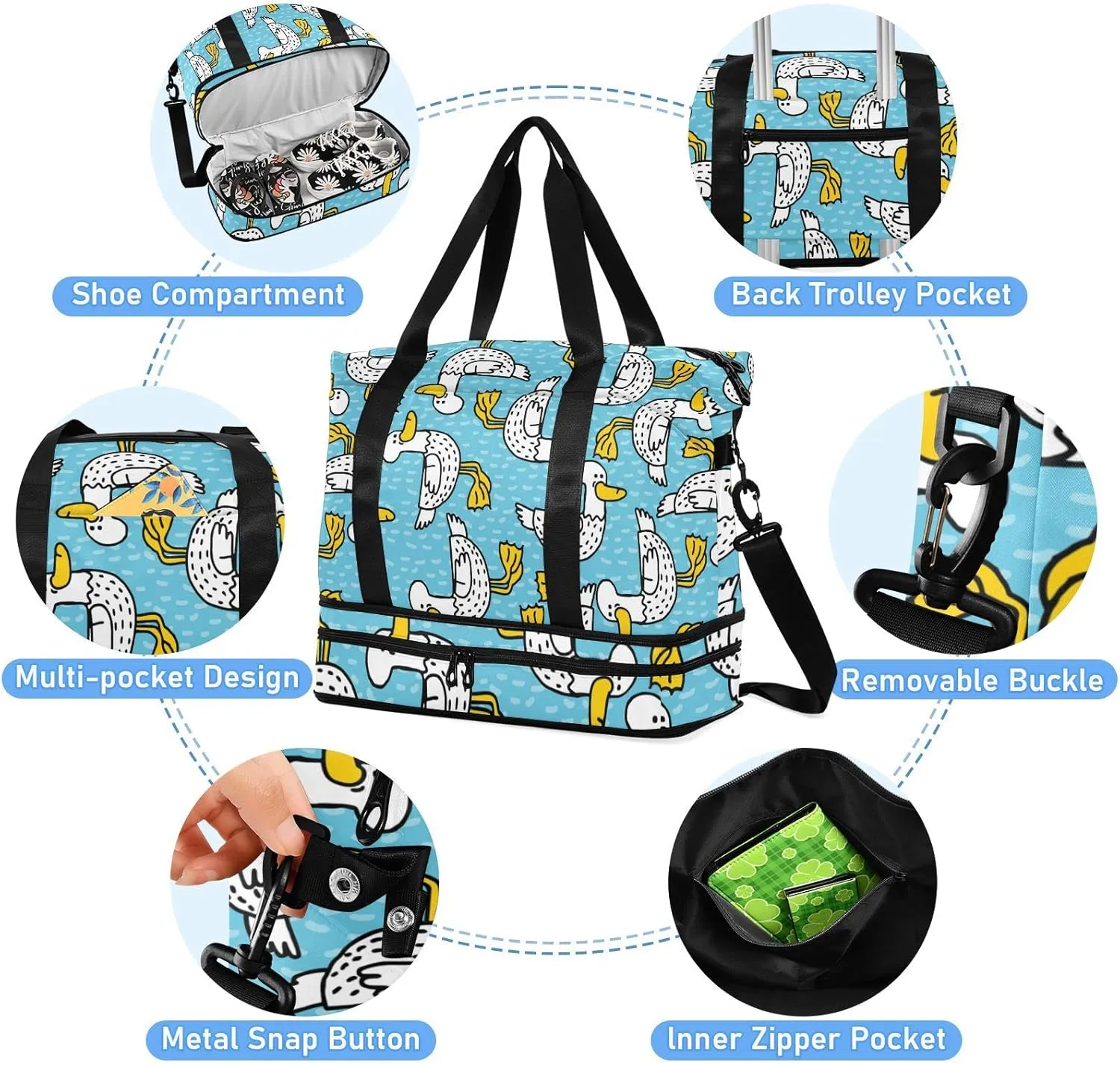 Seamless Cartoon Black Dots Ducks with Yellow Mouth Feet Gym Duffel Bag, Polyester Travel Weekender Luggage Handbag with Waterproof Pocket for Wet Items, Unisex Foldable Tote for Sports