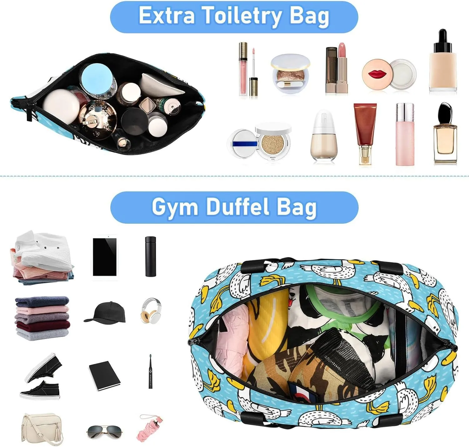 Seamless Cartoon Black Dots Ducks with Yellow Mouth Feet Gym Duffel Bag, Polyester Travel Weekender Luggage Handbag with Waterproof Pocket for Wet Items, Unisex Foldable Tote for Sports