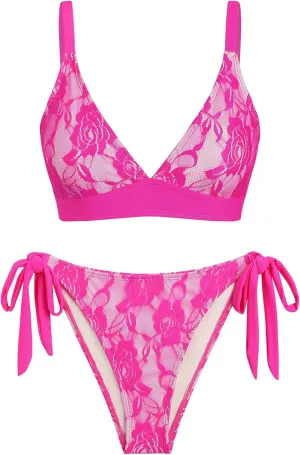 seamoly Women's Bikini Sets Halter Neck Crochet Colorblock Two Piece Swimsuits Open Back Sexy High Cut Thong Bathing Suit