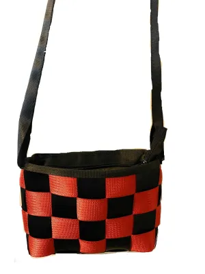 Seat Belt Messenger Purse in black and burnt orange with cross body strap, washable, various linings available