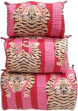 Set of 3 Pieces Block Print Designer Toiletry Bag & Makeup Case - Boho Floral Quilted Pouch for Cosmetics - Waterproof Lined Organizer for Diaper Bag, Purse, Travel, Gift, Pencils Bags (Model -04)