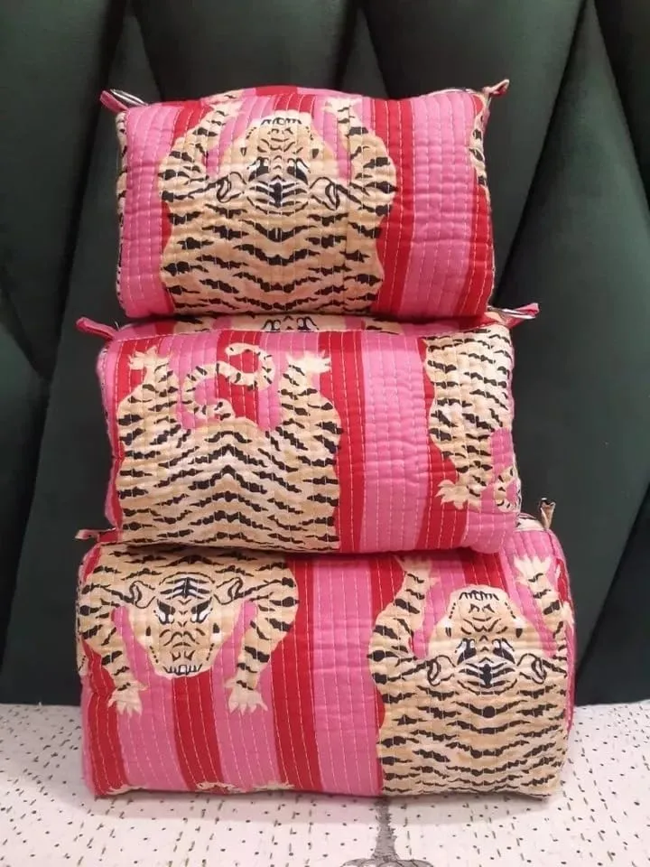 Set of 3 Pieces Block Print Designer Toiletry Bag & Makeup Case - Boho Floral Quilted Pouch for Cosmetics - Waterproof Lined Organizer for Diaper Bag, Purse, Travel, Gift, Pencils Bags (Model -04)