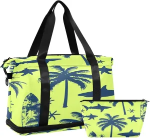 Shark Coconut Tree Travel Duffel Bag Waterproof Gym Sport Tote Bag Carry On Weekender Bag with Compartment