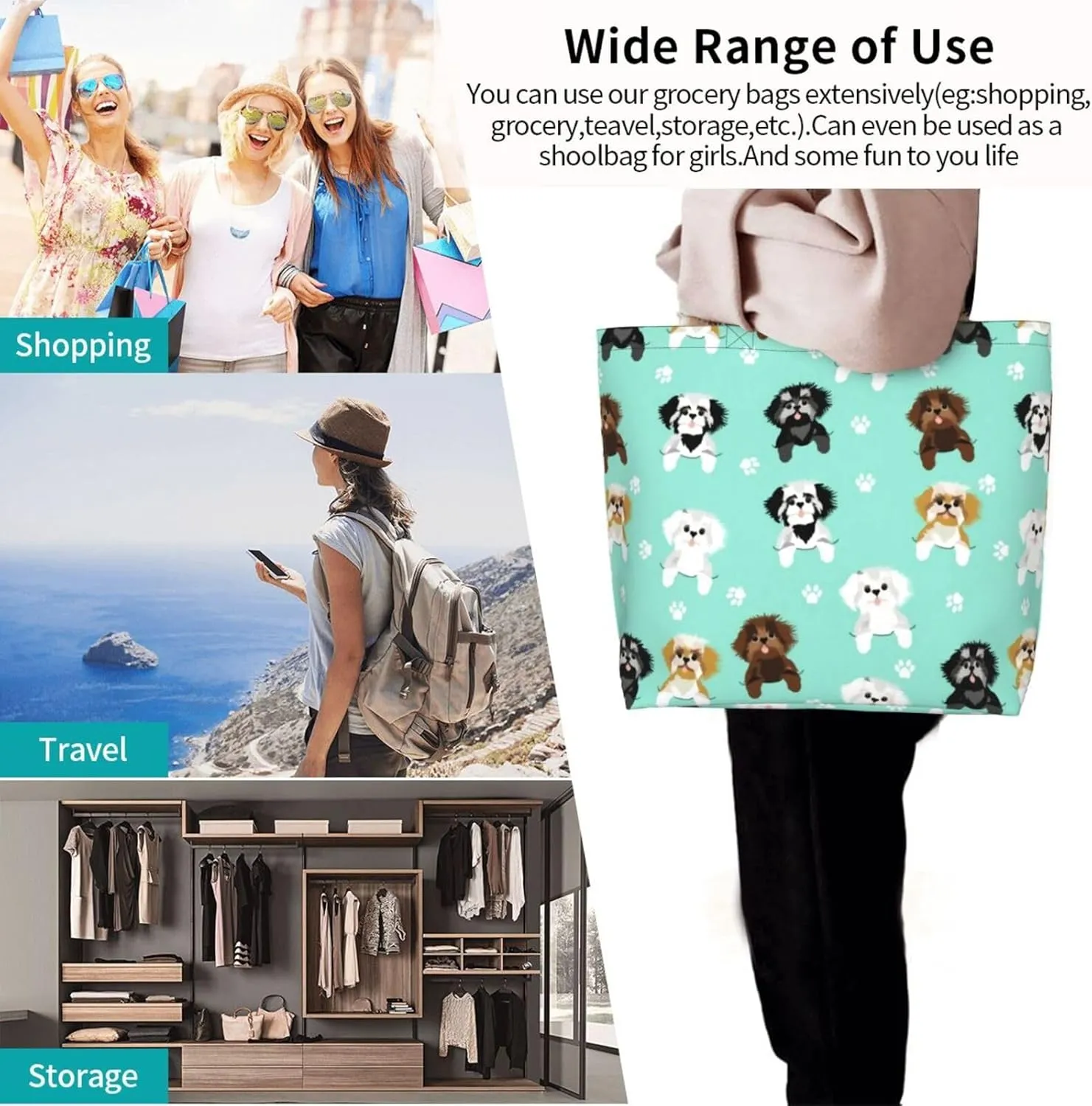 Shih Tzu Cute Shih Tsu Dog Mint Tote Bag Shopping Bag Portable Handbags Tote Shoulder Bucket Bags for Women