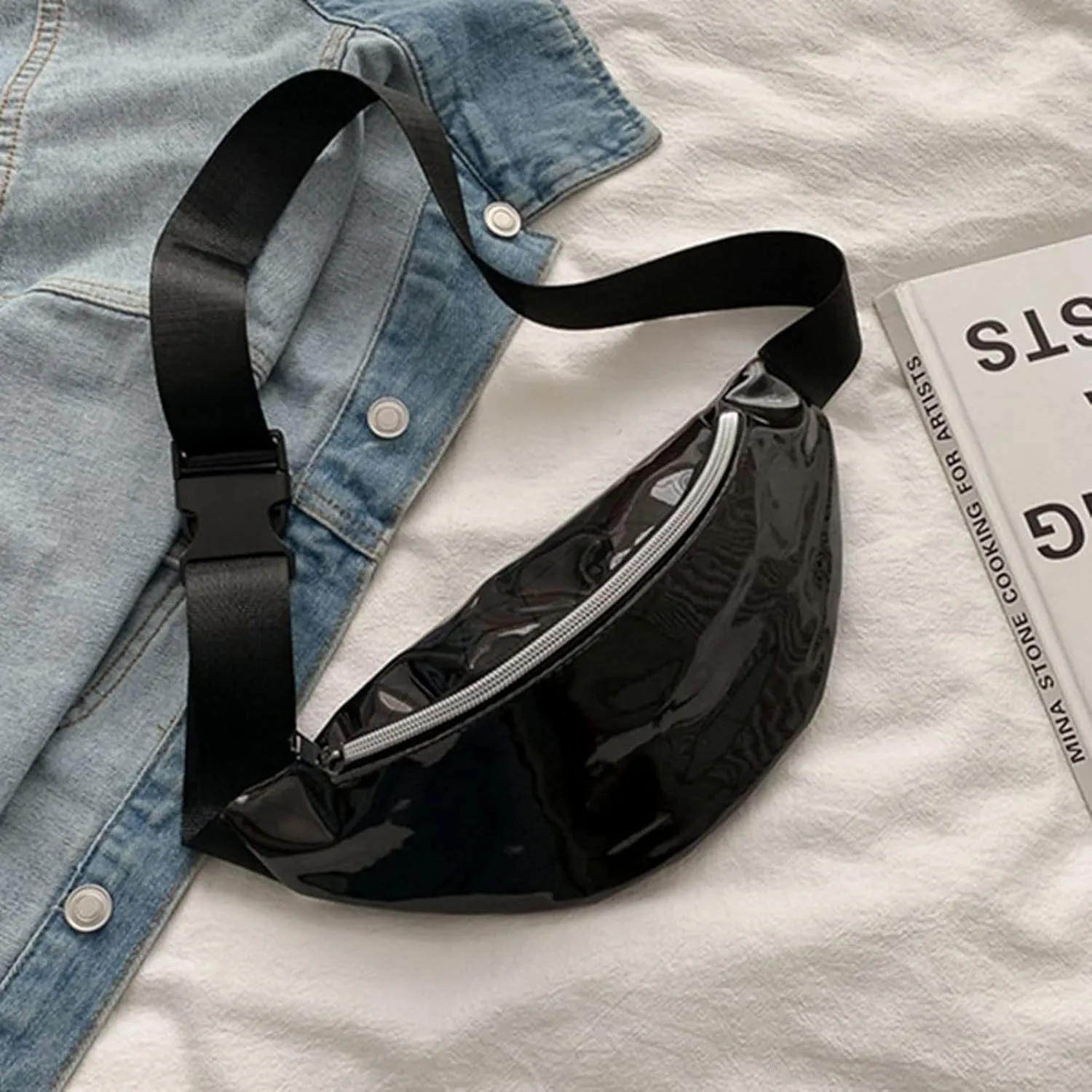 Shoulder bag 1PC Holographic Pack Waist Bag PU Beach Travel Banana Hip Bum Zip Women Purse Belt Bags Girl Chest Bags(Black)