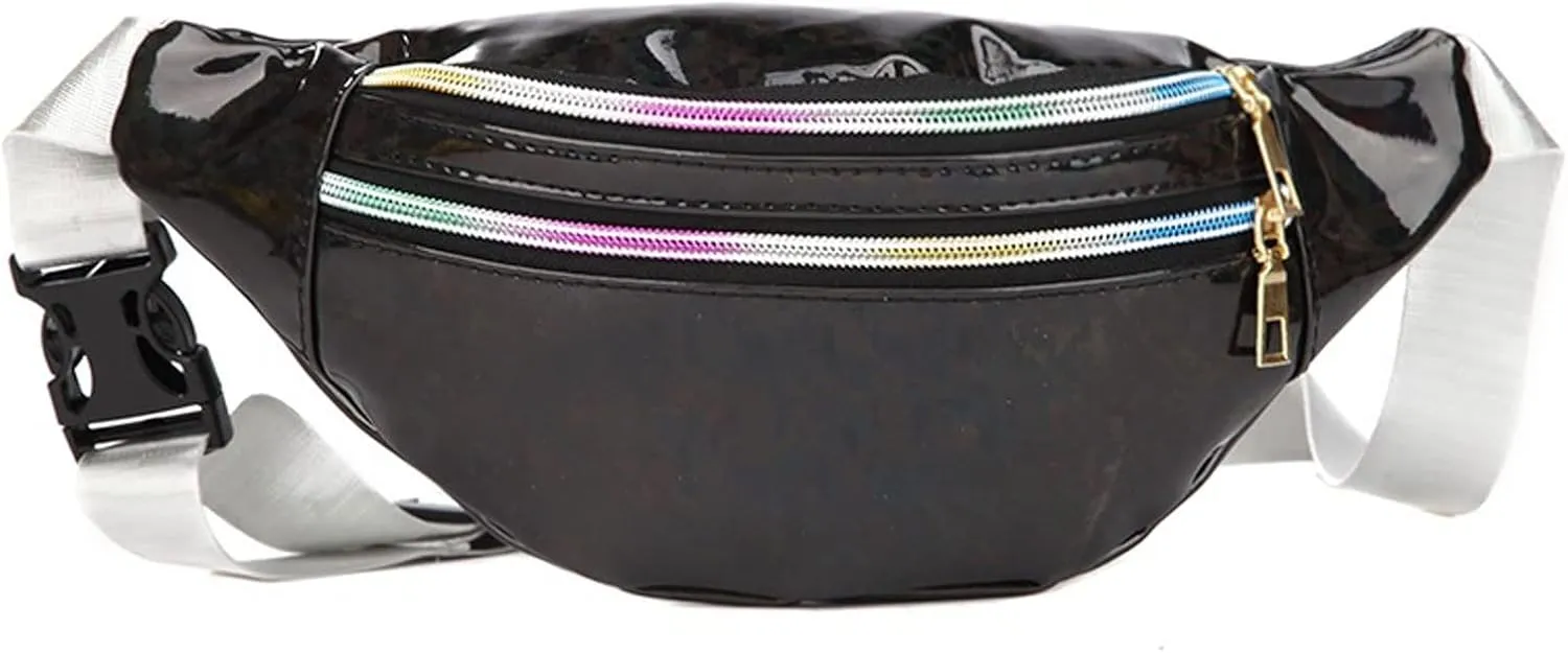 Shoulder bag 1PC Holographic Pack Waist Bag PU Beach Travel Banana Hip Bum Zip Women Purse Belt Bags Girl Chest Bags(Black)