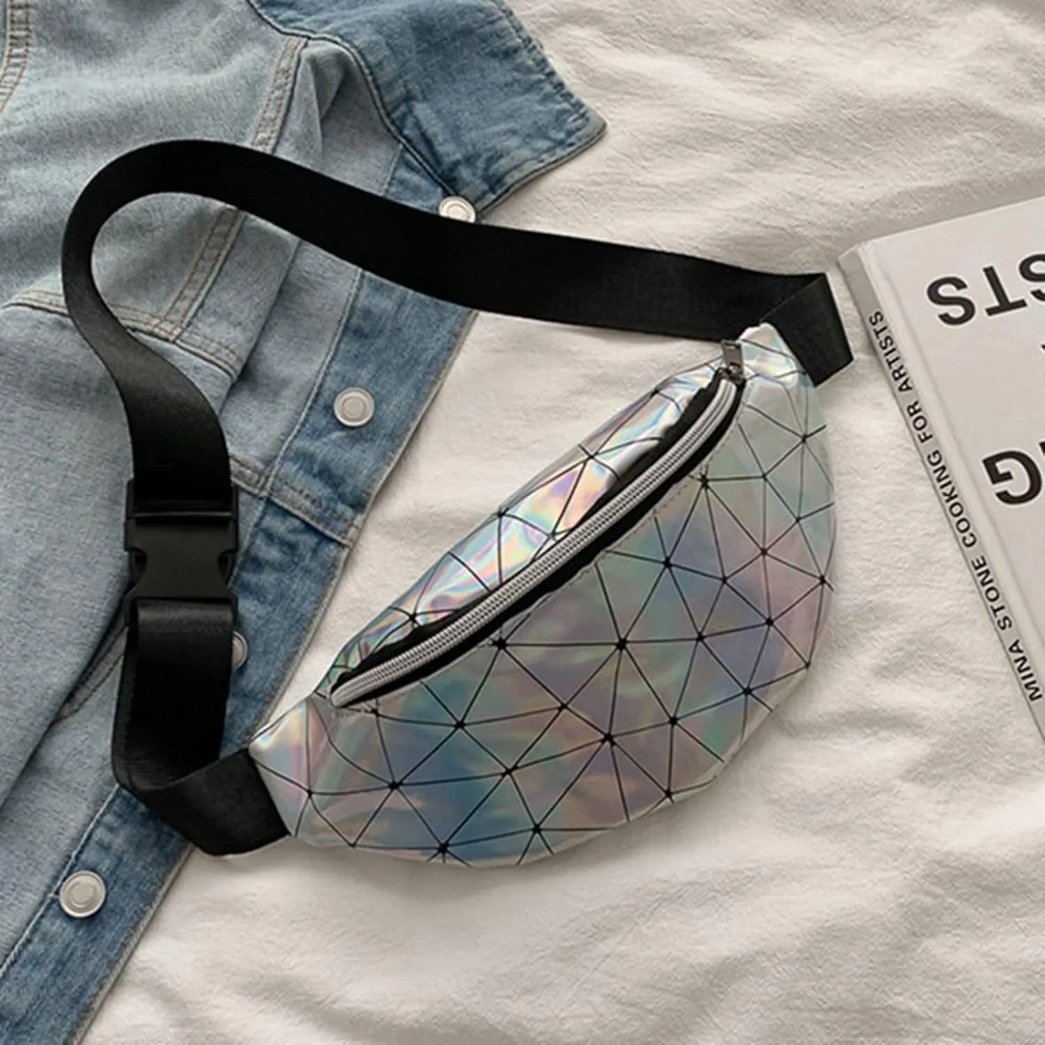 Shoulder bag 1PC Holographic Pack Waist Bag PU Beach Travel Banana Hip Bum Zip Women Purse Belt Bags Girl Chest Bags(Black)
