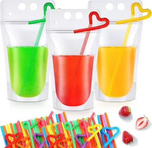 Sieral 200 Pcs Clear Drink Pouches with Straws Reclosable Zipper Stand up Plastic Pouches Bags 1.57 in Bottom Hand Held Translucent Disposable Container for Cold Hot Drink(Simple Style)