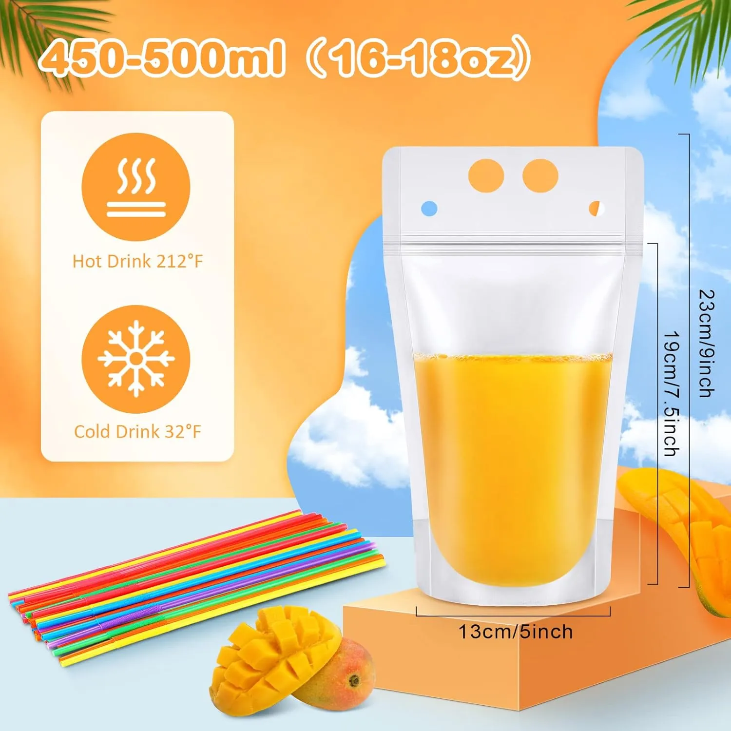 Sieral 200 Pcs Clear Drink Pouches with Straws Reclosable Zipper Stand up Plastic Pouches Bags 1.57 in Bottom Hand Held Translucent Disposable Container for Cold Hot Drink(Simple Style)