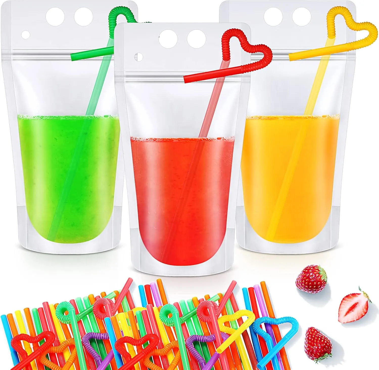 Sieral 200 Pcs Clear Drink Pouches with Straws Reclosable Zipper Stand up Plastic Pouches Bags 1.57 in Bottom Hand Held Translucent Disposable Container for Cold Hot Drink(Simple Style)
