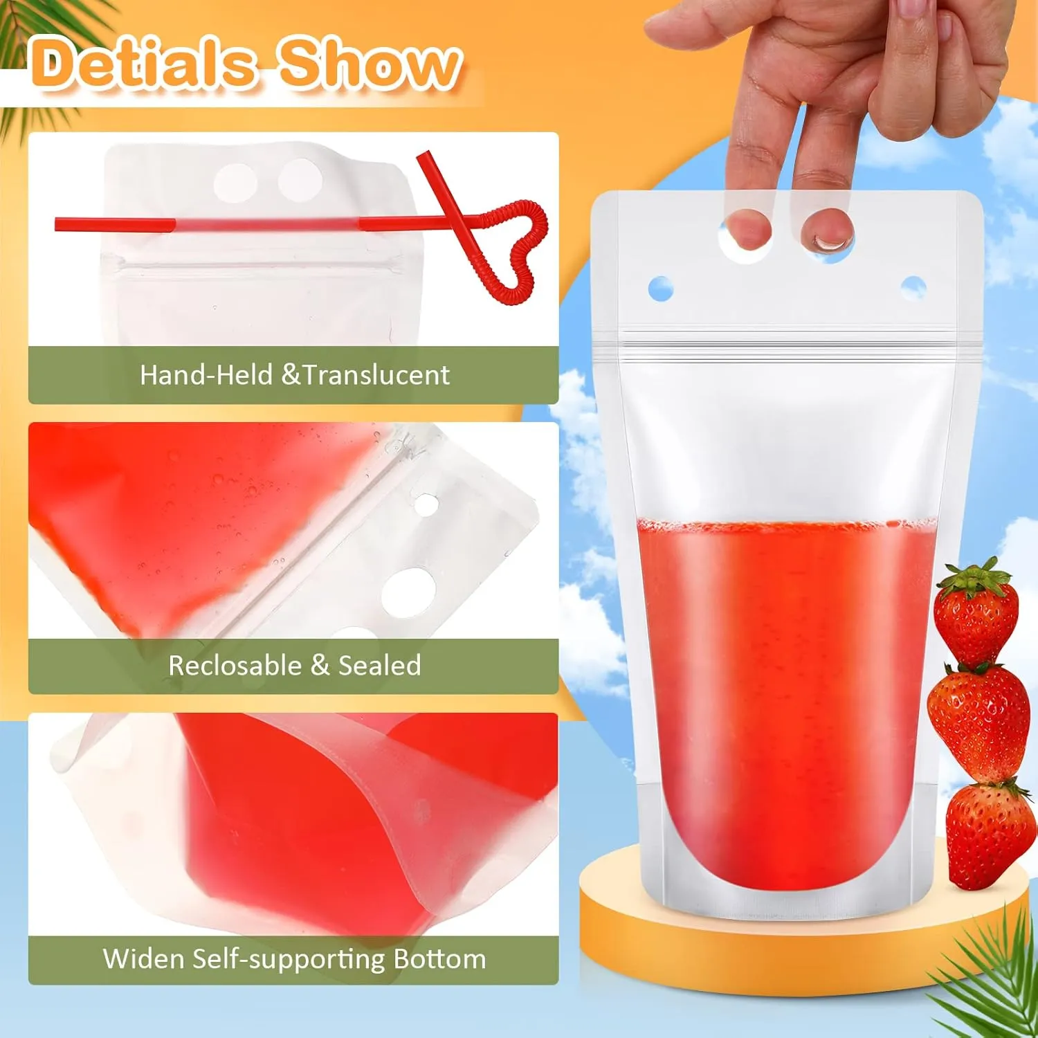 Sieral 200 Pcs Clear Drink Pouches with Straws Reclosable Zipper Stand up Plastic Pouches Bags 1.57 in Bottom Hand Held Translucent Disposable Container for Cold Hot Drink(Simple Style)