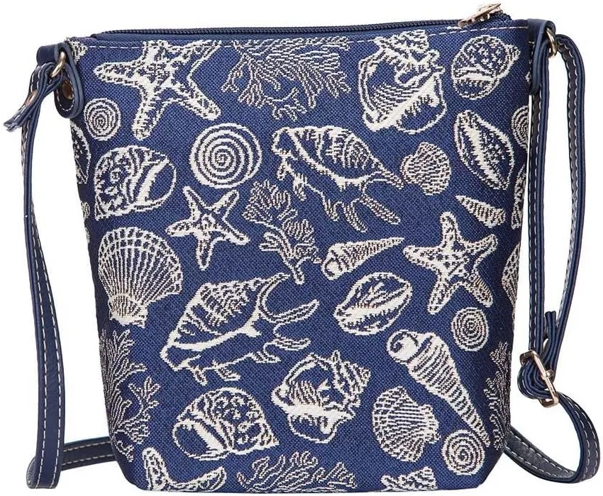 Signare Tapestry Small Crossbody Bag Sling Bag for Women with Navy Blue Sea Shell Design (SLING-SHELL)