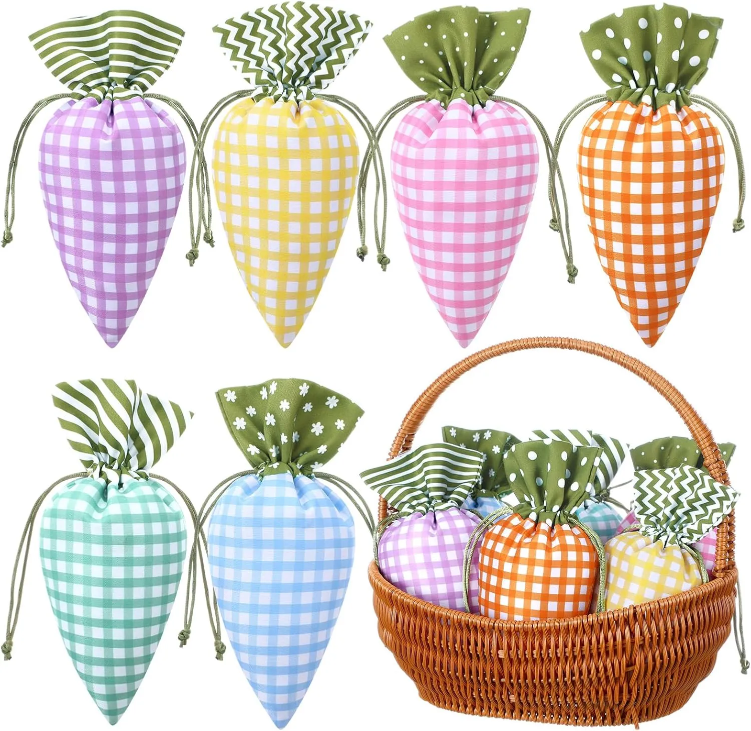 SilTriangle 24 Pcs Easter Carrot Shaped Treat Bags Easter Basket Stuffers Fabric Drawstring Candy Gift Goodie Bags for Egg Hunt Outdoor Party Supplies