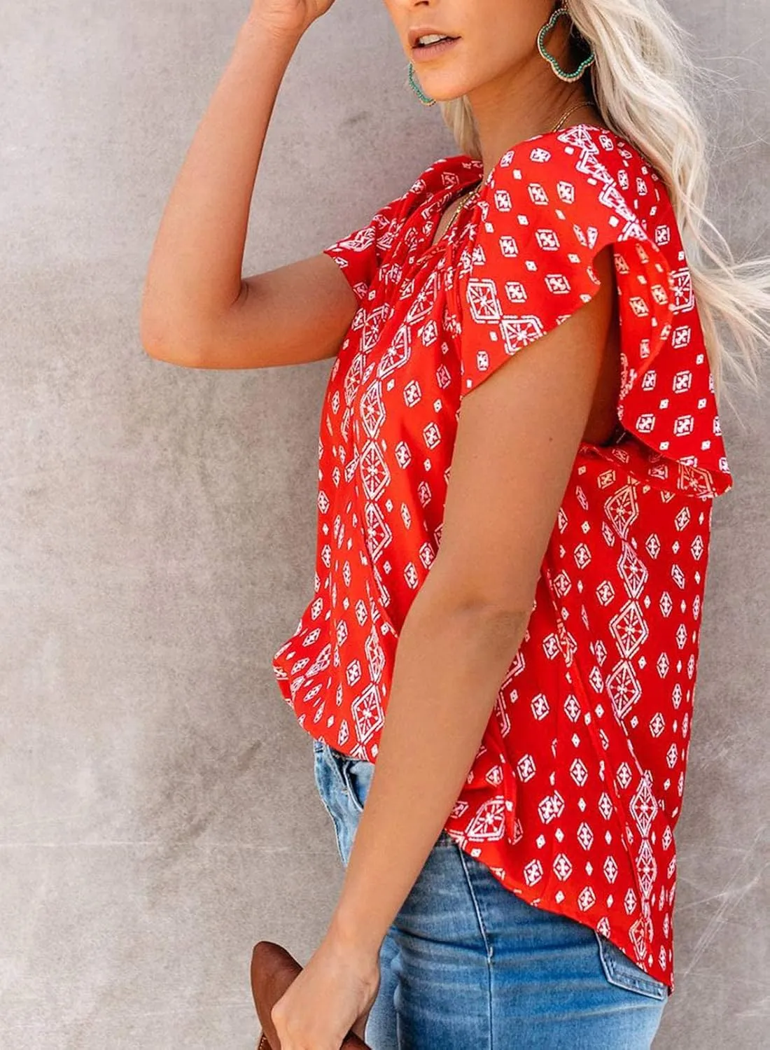 SimpleFun Women's Boho Tops Floral V Neck Short Sleeve Summer Blouse Shirts