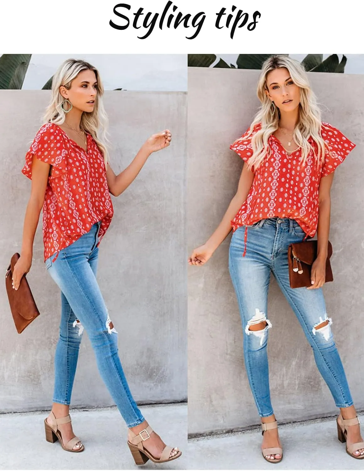 SimpleFun Women's Boho Tops Floral V Neck Short Sleeve Summer Blouse Shirts
