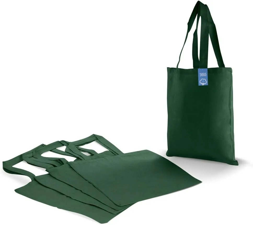 Simply Green Solutions Reusable Cotton Cloth Grocery Craft Bag, 15 x 16 Reusable Tote with Handle, Pack of 5, Forest Green