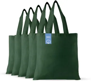 Simply Green Solutions Reusable Cotton Cloth Grocery Craft Bag, 15 x 16 Reusable Tote with Handle, Pack of 5, Forest Green