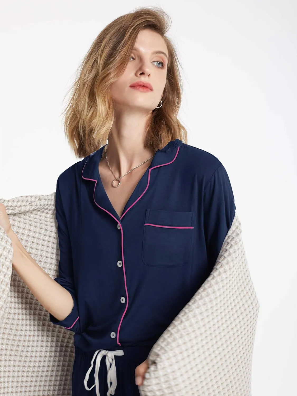 SIORO Ladies Soft Pajamas Set 2 Piece Modal Long Sleeve Loungewear for Women, Button Up Sleepwear Pj Outfits