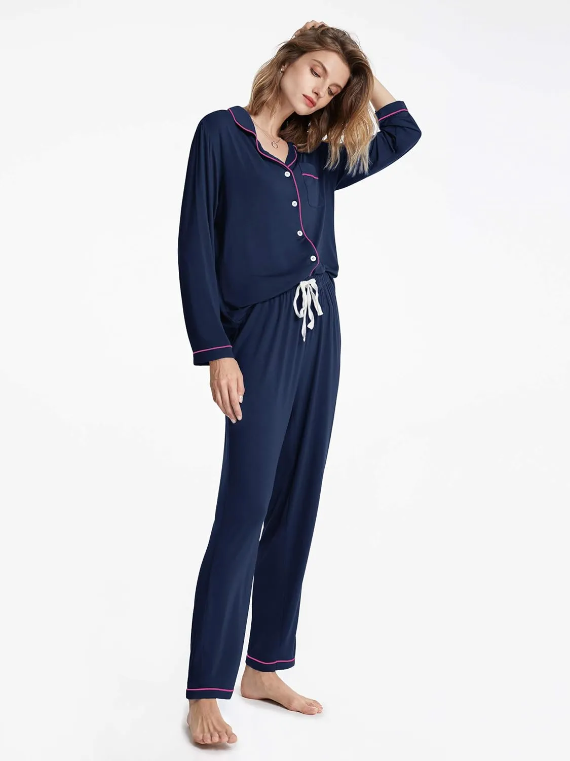 SIORO Ladies Soft Pajamas Set 2 Piece Modal Long Sleeve Loungewear for Women, Button Up Sleepwear Pj Outfits