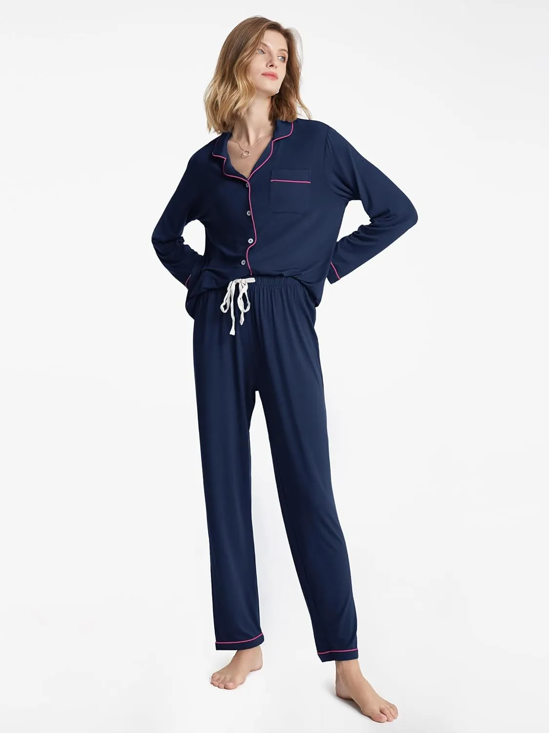 SIORO Ladies Soft Pajamas Set 2 Piece Modal Long Sleeve Loungewear for Women, Button Up Sleepwear Pj Outfits