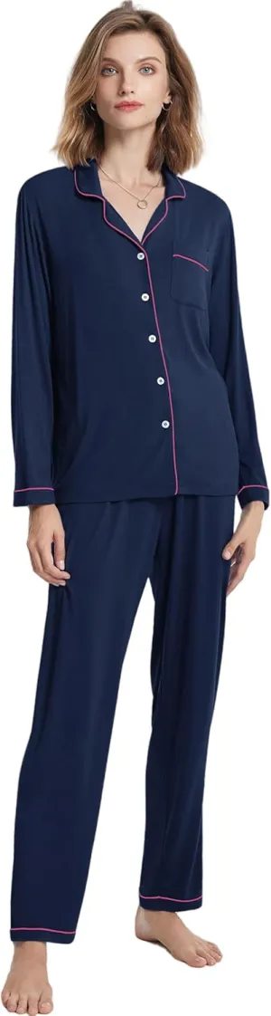 SIORO Ladies Soft Pajamas Set 2 Piece Modal Long Sleeve Loungewear for Women, Button Up Sleepwear Pj Outfits