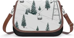 Ski Lift With Fir Tree Leather Shoulder Bag for Women Classic Crossbody Purse Leather Tote Bag Handbag Purse Small Shoulder Bags for Shopping
