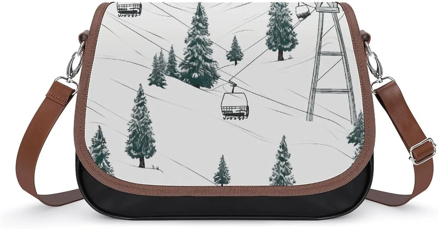 Ski Lift With Fir Tree Leather Shoulder Bag for Women Classic Crossbody Purse Leather Tote Bag Handbag Purse Small Shoulder Bags for Shopping