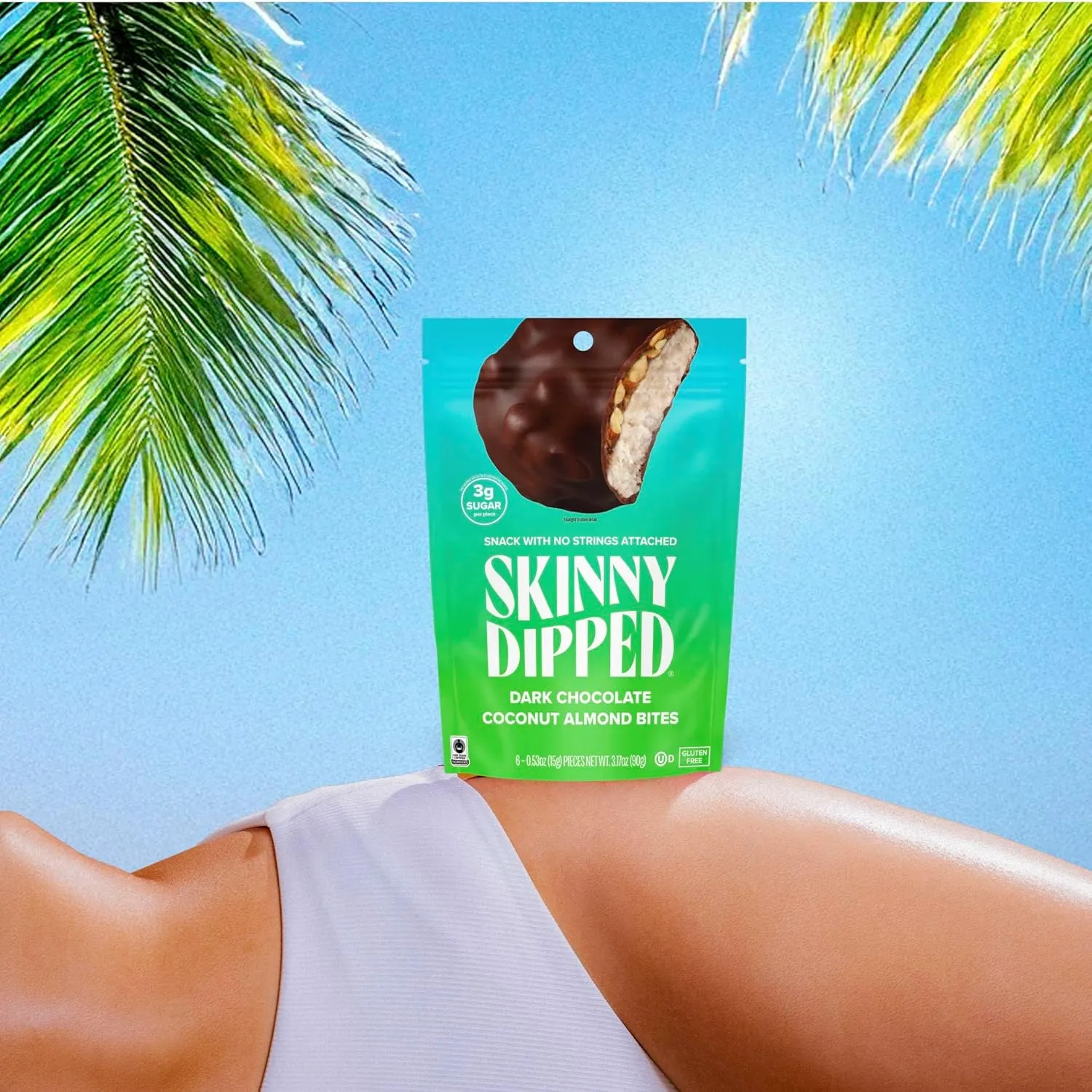 SkinnyDipped Dark Chocolate Coconut Almond Bites, Low Sugar Chocolate Coconut Bar, 3oz Resealable Bags, Pack of 4 (24 Bites Total)